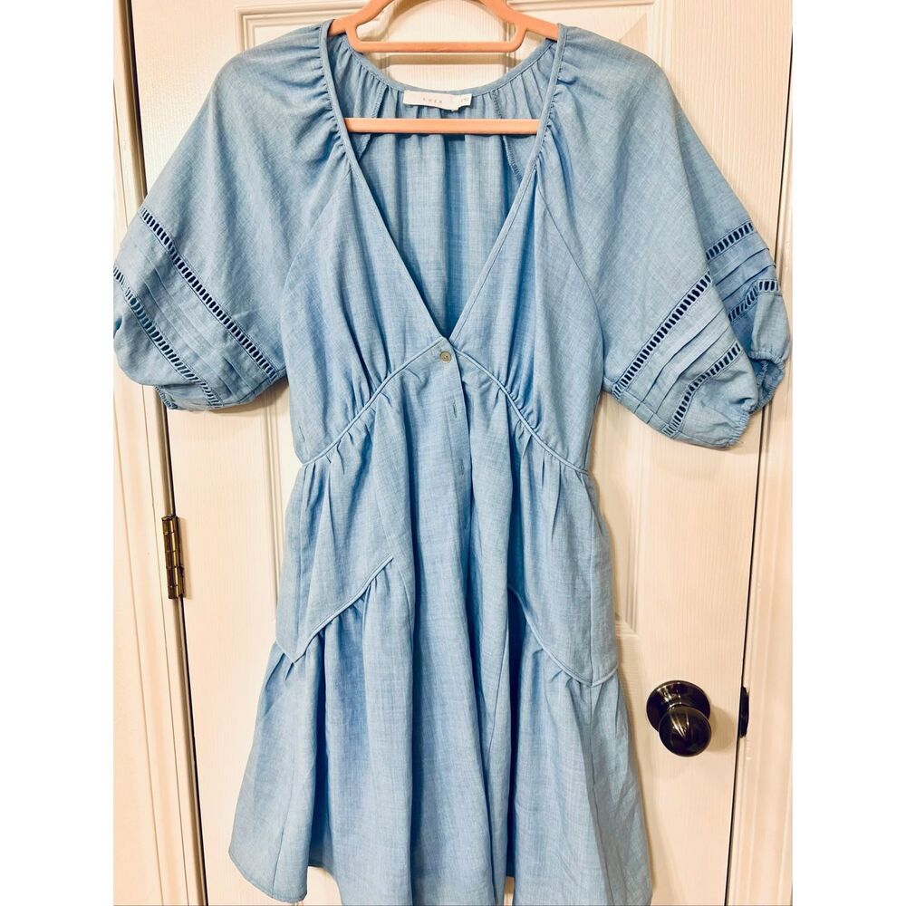 NWOT Lush Women's Puff Sleeve Button Front V-Neck Mini Dress Light Blue Sz Small